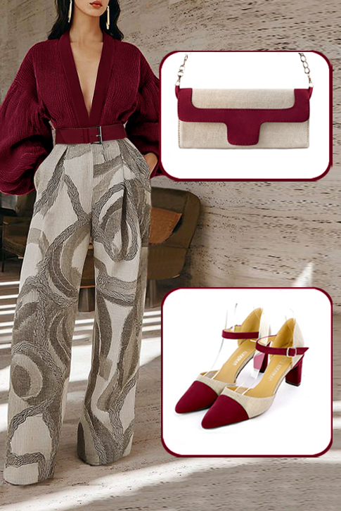 Women's burgundy red and gold elegant closed-back heels, with an instep strap. Tapered toe. Medium comma heels - Worn view